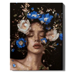 Meitene un zilas zeltainas peonijas